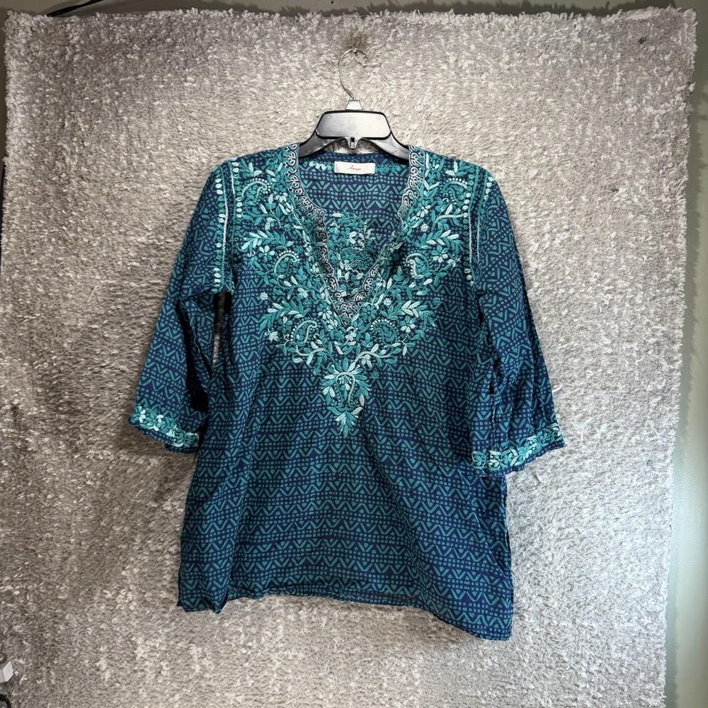 Amaya Embroidered V-Neck Tunic Top S, M Vacation Resort 3/4 Sleeve Blue Green